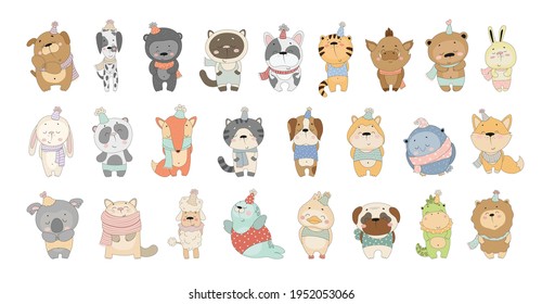 Vector collection of cute cartoon animals. Characters for children's books, cards, stickers, prints. Illustrations for kids.