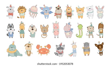 Vector collection of cute cartoon animals. Characters for children's books, cards, stickers, prints. Illustrations for kids.