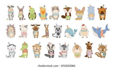 Vector collection of cute cartoon animals. Characters for children's books, cards, stickers, prints. Illustrations for kids.