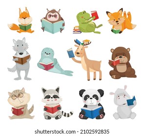 Vector collection of cute cartoon animals with books. Characters for children's books, cards, stickers, prints. Illustrations for kids.