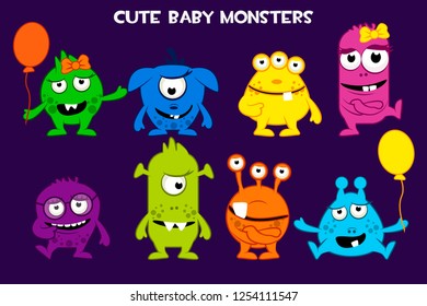 Vector collection of cute cartoon baby monsters, colorful and funny bacteria characters