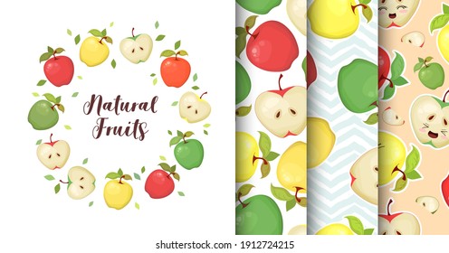 Vector collection of cute cartoon colorful apples isolated on white background. Set of Illustration and seamless patterns design for t-shirt print, fabric, wallpaper, card