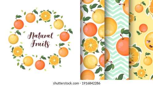 Vector collection of cute cartoon colorful oranges isolated on white background. Set of Illustration and seamless patterns design for t-shirt print, fabric, wallpaper, card