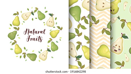 Colección vectorial de adorables peras coloridas de dibujos animados aisladas en fondo blanco. Conjunto de ilustraciones y diseño de patrones sin fisuras para la impresión de camisetas, tela, papel pintado, tarjeta