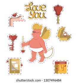 Vector collection of cute cartoon Cupid standing with bow and festive stickers isolated on white background