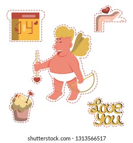 Vector collection of cute cartoon Cupid standing with bow and festive stickers isolated on white background