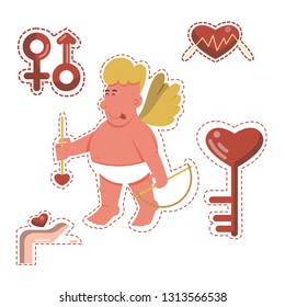 Vector collection of cute cartoon Cupid standing with bow and festive stickers isolated on white background