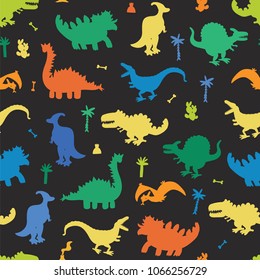 Vector Collection of Cute Cartoon Dinosaurs seamless silhouette pattern