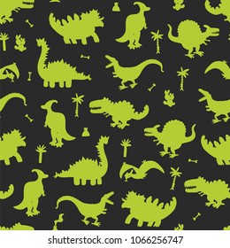 Vector Collection of Cute Cartoon Dinosaurs seamless silhouette pattern