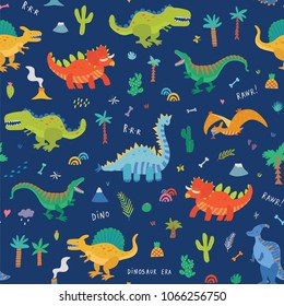 Vector Collection of Cute Cartoon Dinosaurs seamless pattern