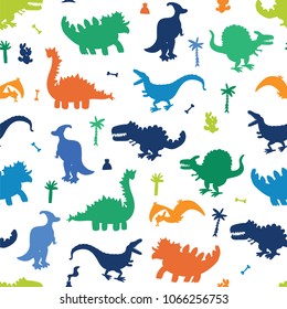 Vector Collection of Cute Cartoon Dinosaurs seamless silhouette pattern