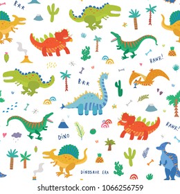 Vector Collection of Cute Cartoon Dinosaurs seamless pattern