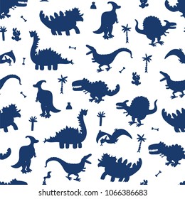 Vector Collection of Cute Cartoon Dinosaurs seamless silhouette pattern