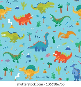 Vector Collection of Cute Cartoon Dinosaurs seamless pattern