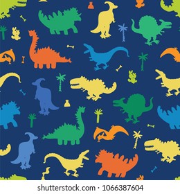 Vector Collection of Cute Cartoon Dinosaurs seamless silhouette pattern