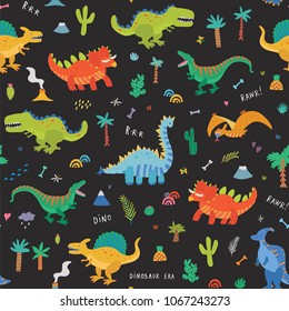 Vector Collection of Cute Cartoon Dinosaurs seamless pattern