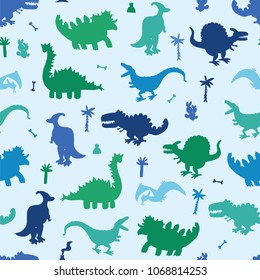 Vector Collection of Cute Cartoon Dinosaurs seamless silhouette pattern