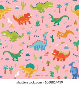 Vector Collection of Cute Cartoon Dinosaurs seamless pattern