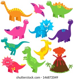 Vector Collection of Cute Cartoon Dinosaurs and a Volcano