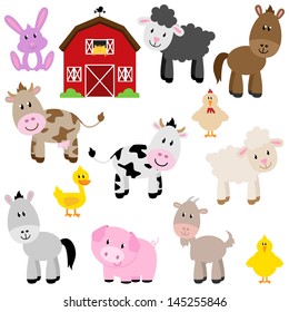 Vector Collection of Cute Cartoon Farm Animals and Barn