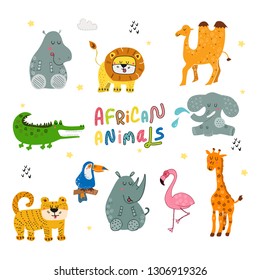 Vector collection of cute cartoon hand drawing Africa and African animals. Colorful wild animals. For children room, decoration, t-shirt, cover, poster, invitation template card, kids birthday party