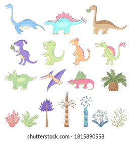 It's the vector collection of cute cartoon imaginary dinosaurs and ancient plants. There are funny imaginary dinos, trees and ferns from kid's dreams.