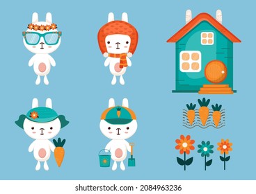 Vector collection of cute cartoon little rabbits in kawaii style and house of bunny with flowers and carrots. Smiling baby bunnies are wearing hats and baseball caps, holding carrot, shovel, bucket.