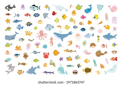 Vector collection of cute cartoon marine animals. Characters for children's books, cards, stickers, prints. Illustrations for kids.