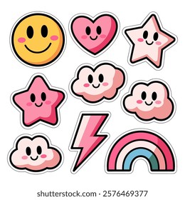 Vector collection of cute cartoon pink stickers featuring smiling faces, hearts, stars, rainbow