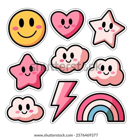 Vector collection of cute cartoon pink stickers featuring smiling faces, hearts, stars, rainbow
