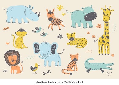 A vector collection of cute cartoon safari animals. Includes artistically hand-drawn a lion, elephant, giraffe, zebra, rhino, croc, tiger and others. Isolated elements for childrens design projects.