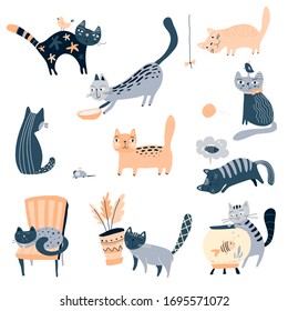 Vector collection of cute cats in simple flat style. Creative childish set for baby design