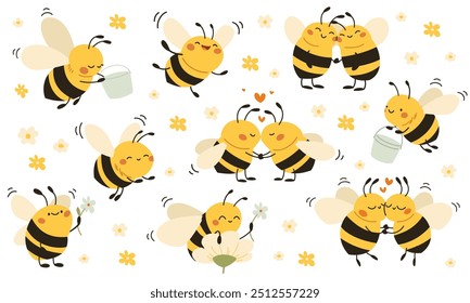 Vector collection of cute children's illustrations. Cute bees collecting honey, hugging kissing and flying. 