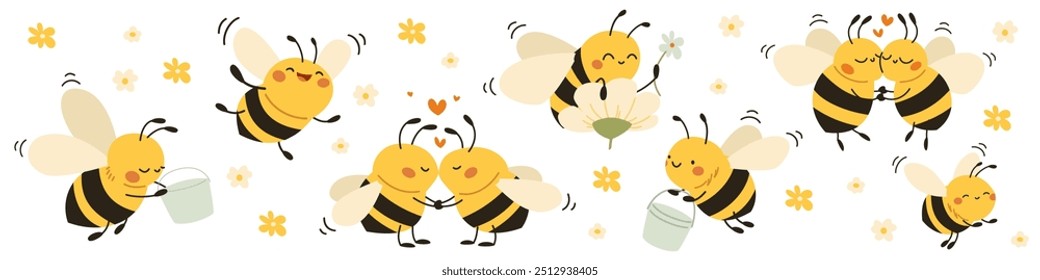 Vektorgrafik süßer Kinderillustrationen. Süße Bienen, die Honig sammeln, sich küssen und fliegen. 