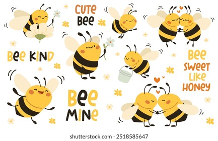 Vector collection of cute children's illustrations. Cute bees collecting honey, hugging kissing and flying. A set of lettering and lettering with a bee theme. 