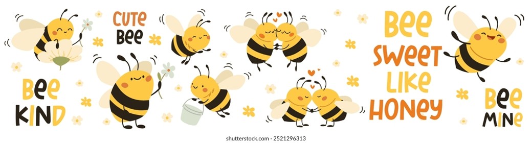 Vektorgrafik süßer Kinderillustrationen. Süße Bienen, die Honig sammeln, sich küssen und fliegen. Eine Reihe von Schriftzügen und Schriftzügen mit einem Bienenmotiv. 