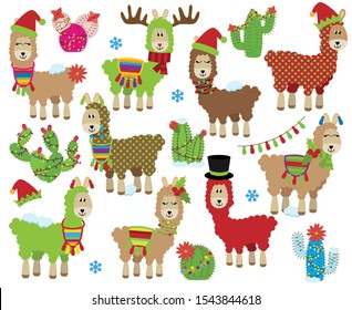 Vector Collection of Cute Christmas or Winter Holiday Themed Llamas