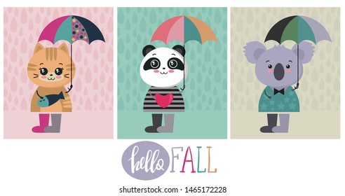 Vector collection of cute colorful animals with umbrellas. Funny cat, panda, koala in flat style. Card, print, autumn set.