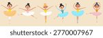 Vector collection of cute dancers. Beautiful ballerina princesses dancing on white background