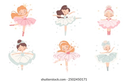 Vector collection of cute dancers. Beautiful ballerina princesses dancing on white background