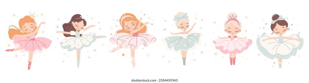 Vector collection of cute dancers. Beautiful ballerina princesses dancing on white background