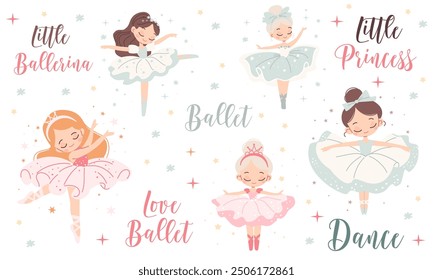 Vector collection of cute dancers. Beautiful ballerina princesses dancing on white background, lettering