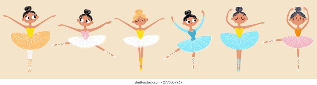 Vector collection of cute dancers. Beautiful ballerina princesses dancing on white background
