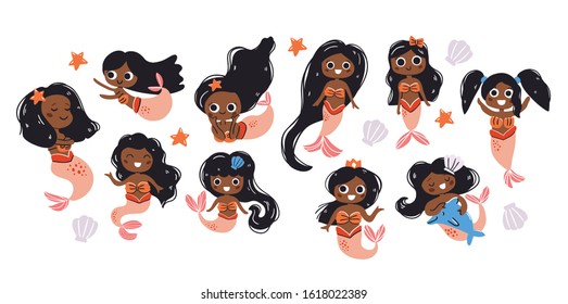 Vector collection of cute dark skin mermaids, hand drawn style. Under the sea set  - little mermaids, seashells, stars. Perfect for kids graphic tees, fabric, textile, posters, stickers