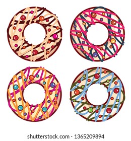 Vector collection of cute donuts with colorful glazing or cream. Yummy cookie sweets, food or candy decoration. Flat lay style, objects isolated on white background. 