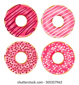 Vector collection of cute donuts with colorful glazing or cream. Yummy cookie sweets, food or candy decoration. Flat lay style, objects isolated on white background. Illustration for kawaii design