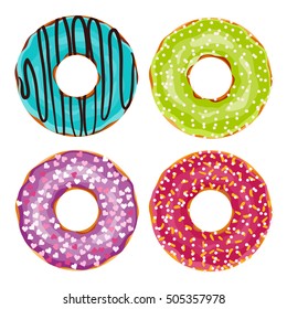 Vector collection of cute donuts with colorful glazing or cream. Yummy cookie sweets, food or candy decoration. Flat lay style, objects isolated on white background. Illustration for kawaii design