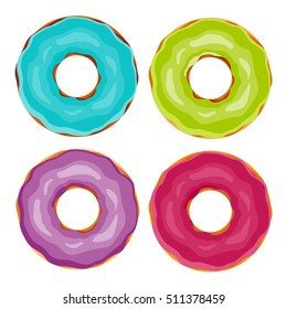 Vector collection of cute donuts with colorful glazing or cream. Yummy cookie sweets, food or candy decoration. Flat lay style, objects isolated on white background. Illustration for kawaii design