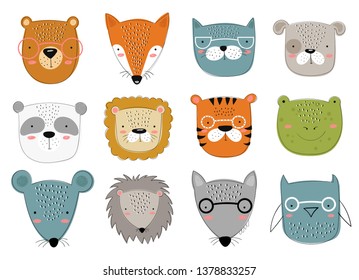 Vector collection of cute doodle animals for kids. Hand drawn graphic zoo. Perfect for baby shower, postcard, label, brochure, flyer, page, banner design