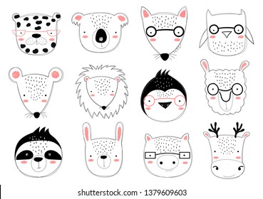 Vector collection of cute doodle animals for kids. Hand drawn graphic zoo. Perfect for baby shower, postcard, label, brochure, flyer, page, banner design